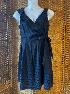 Blu Sage Navy Polka Dot Dress Ruffle Neck Fit & Flare Party Dress Size 12